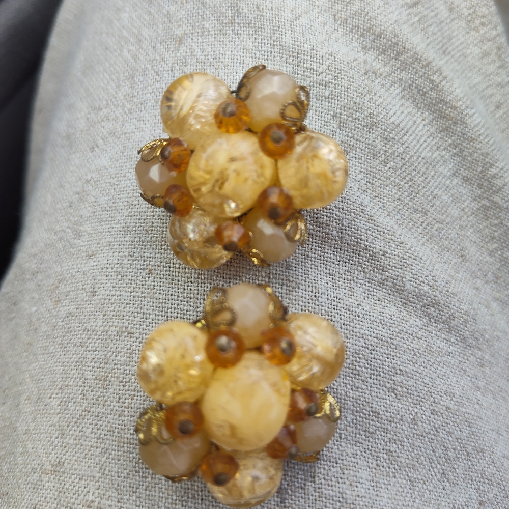 W Germany Elegant Gold and Brown Beaded Clip On  Earrings